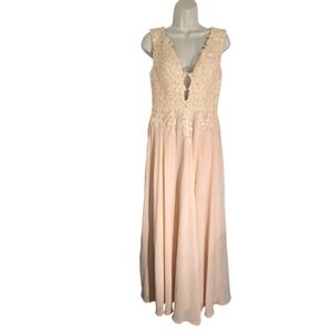 Chong Xiao Lace Bodice Plunge V-Neck Chiffon Formal Evening Gown Peach NWT